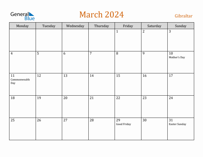 March 2024 Holiday Calendar with Monday Start