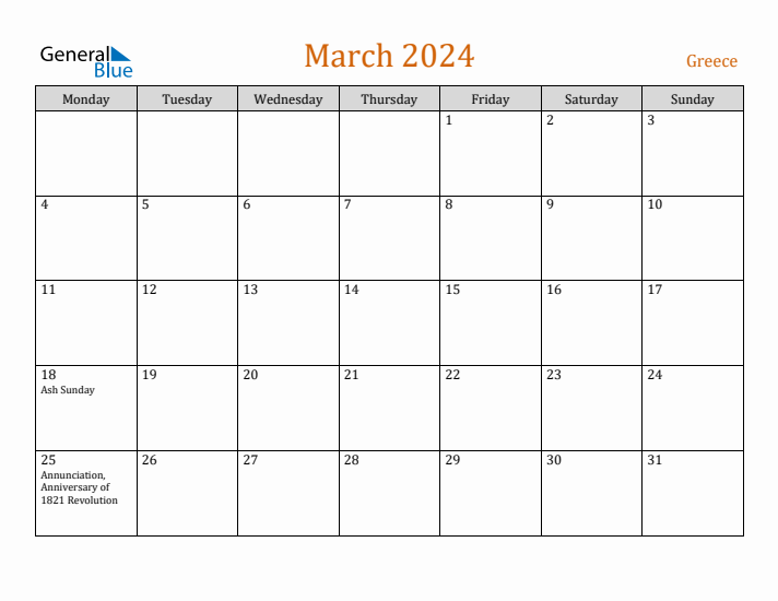 March 2024 Holiday Calendar with Monday Start