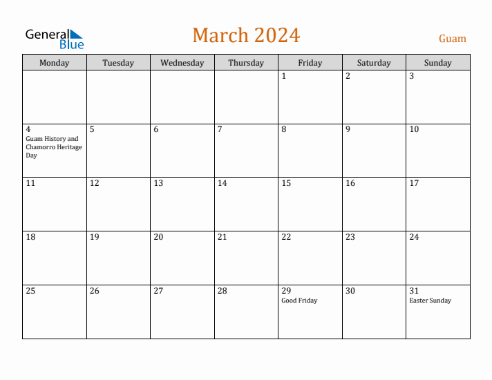 March 2024 Holiday Calendar with Monday Start