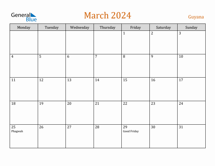 March 2024 Holiday Calendar with Monday Start