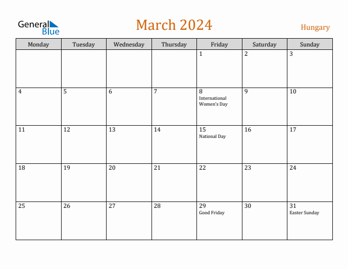 March 2024 Holiday Calendar with Monday Start