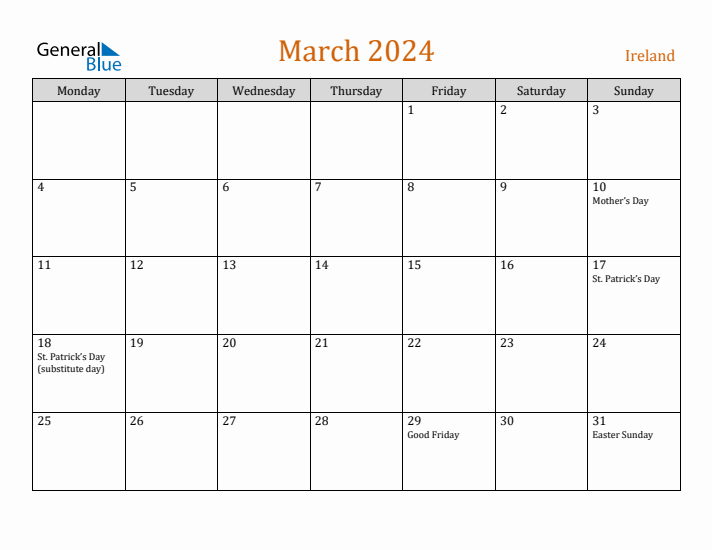 March 2024 Holiday Calendar with Monday Start