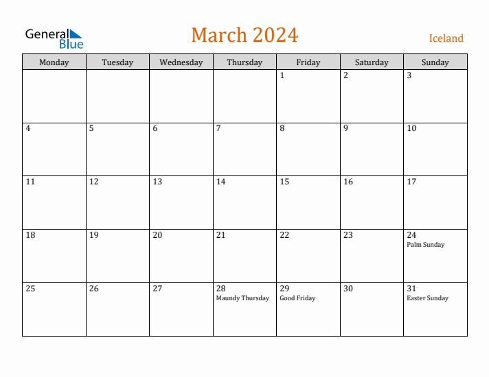 March 2024 Holiday Calendar with Monday Start