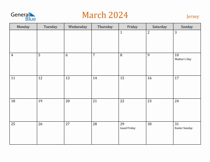 March 2024 Holiday Calendar with Monday Start