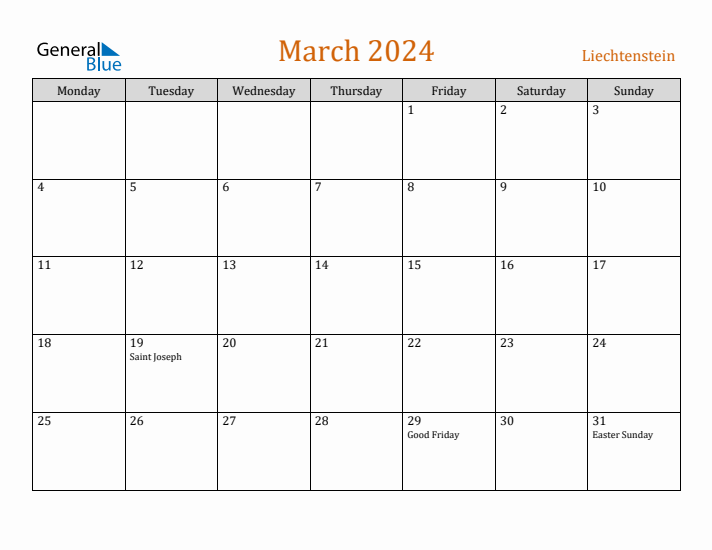 March 2024 Holiday Calendar with Monday Start