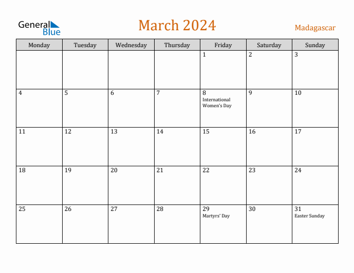 March 2024 Holiday Calendar with Monday Start