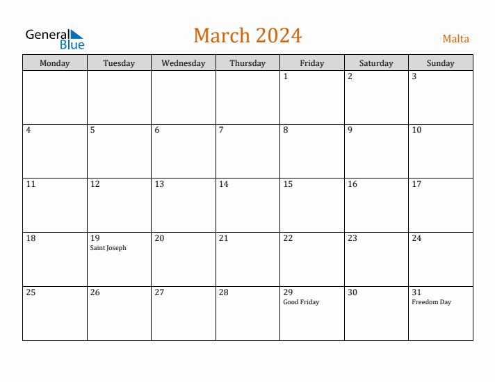 March 2024 Holiday Calendar with Monday Start