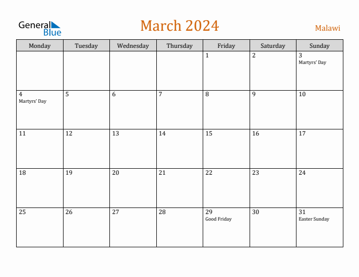 March 2024 Holiday Calendar with Monday Start