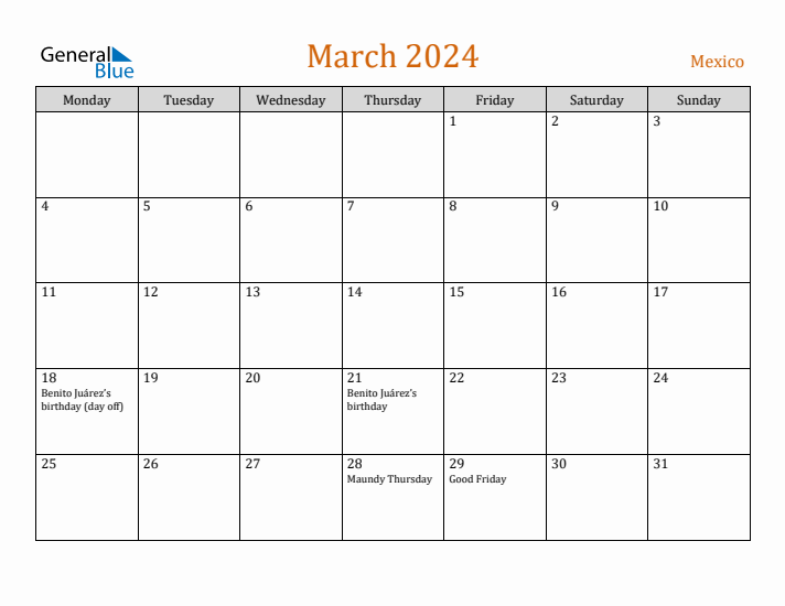 March 2024 Holiday Calendar with Monday Start