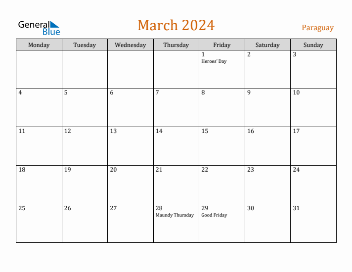 March 2024 Holiday Calendar with Monday Start