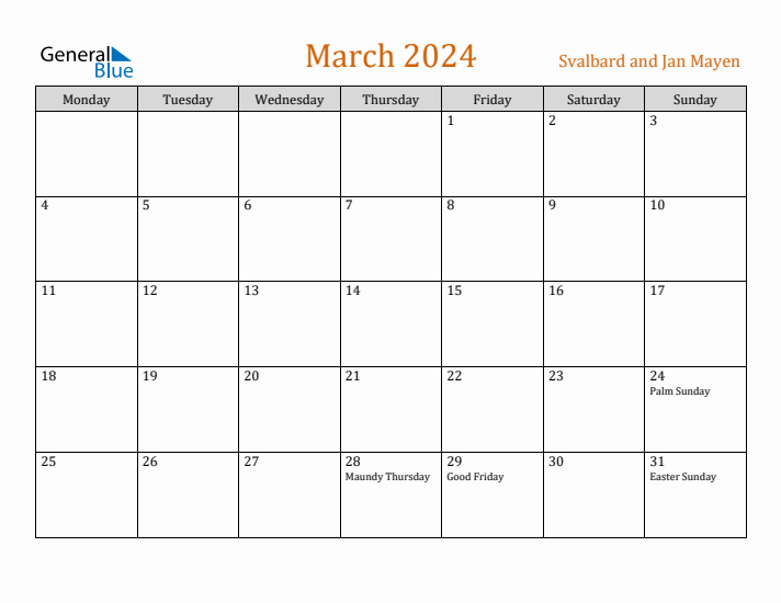 March 2024 Holiday Calendar with Monday Start