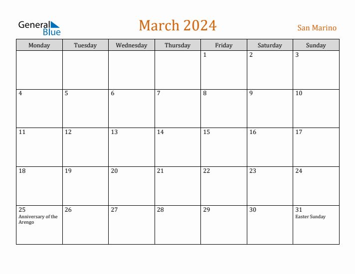 March 2024 Holiday Calendar with Monday Start