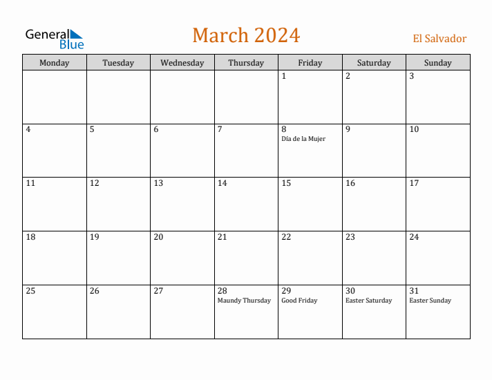 March 2024 Holiday Calendar with Monday Start