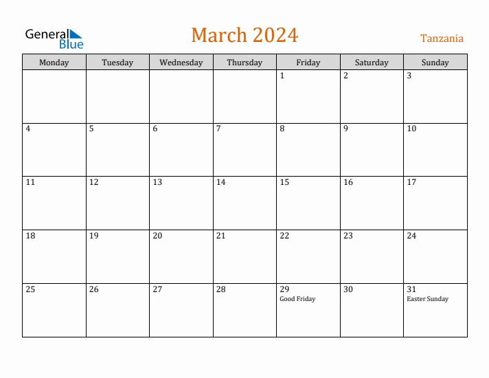 March 2024 Holiday Calendar with Monday Start