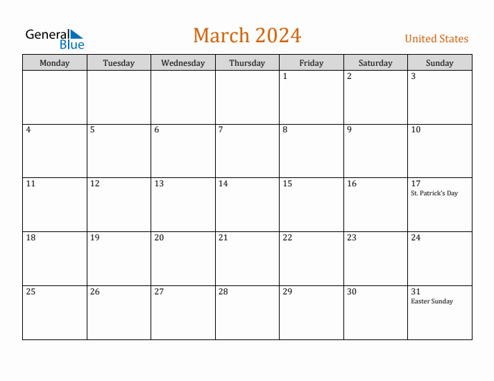 March 2024 Holiday Calendar with Monday Start