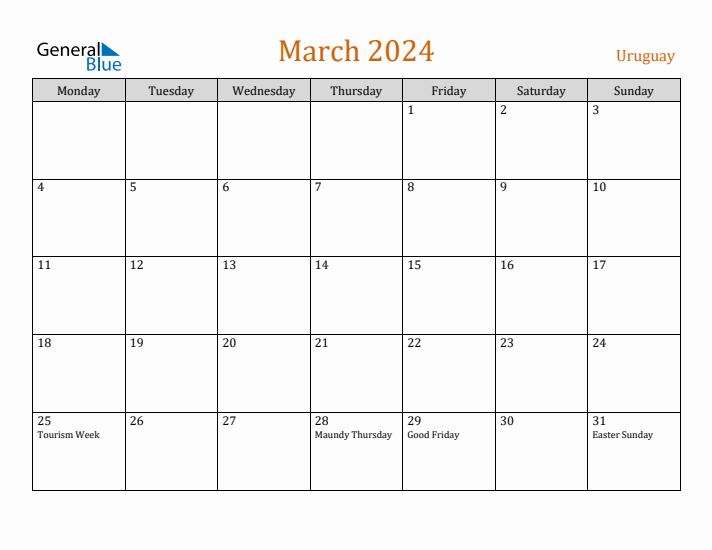 March 2024 Holiday Calendar with Monday Start