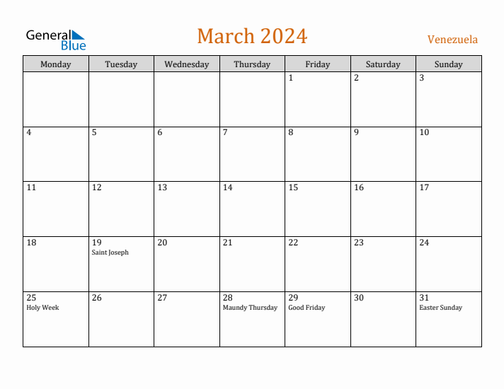 March 2024 Holiday Calendar with Monday Start