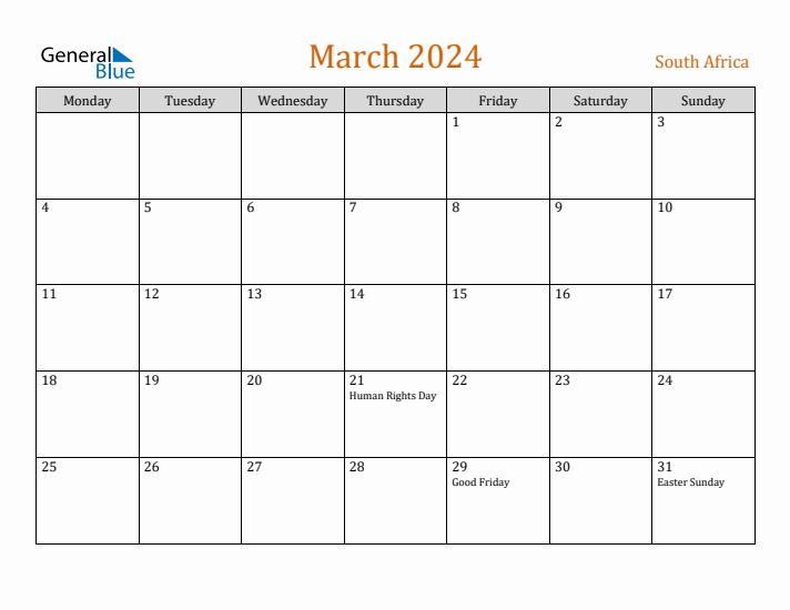 March 2024 Holiday Calendar with Monday Start