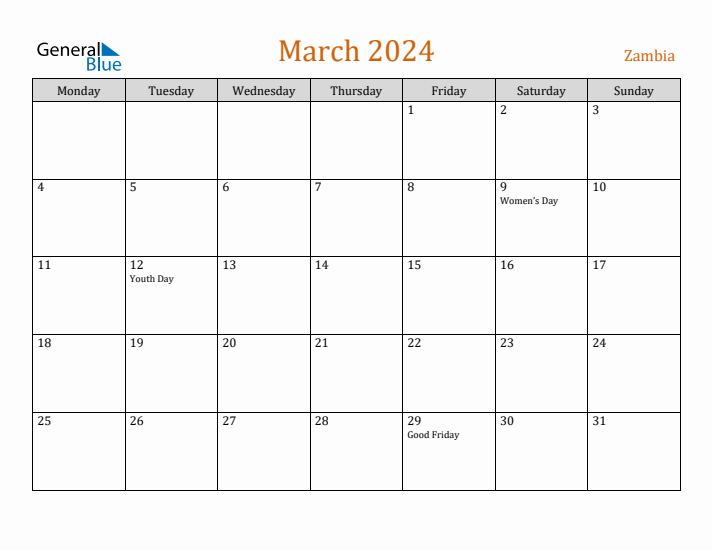 March 2024 Holiday Calendar with Monday Start