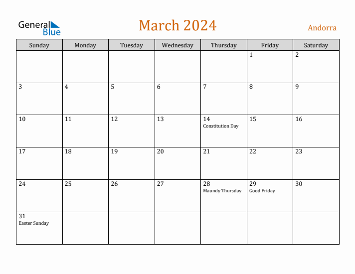 March 2024 Holiday Calendar with Sunday Start