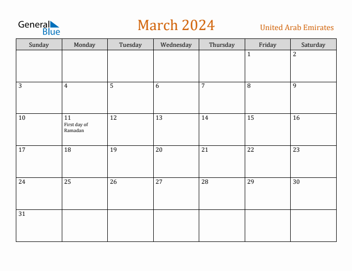 March 2024 Holiday Calendar with Sunday Start