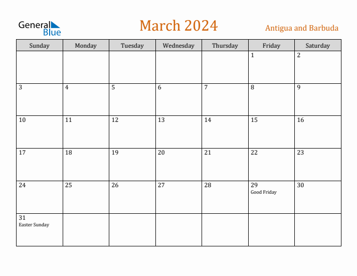 March 2024 Holiday Calendar with Sunday Start