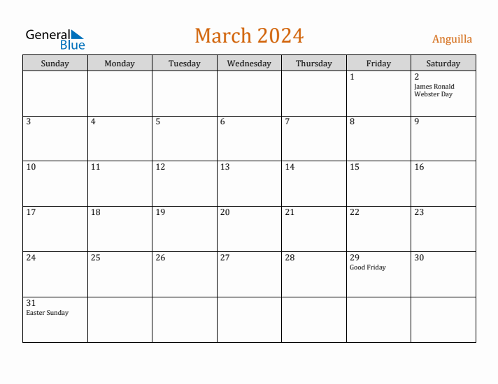 March 2024 Holiday Calendar with Sunday Start