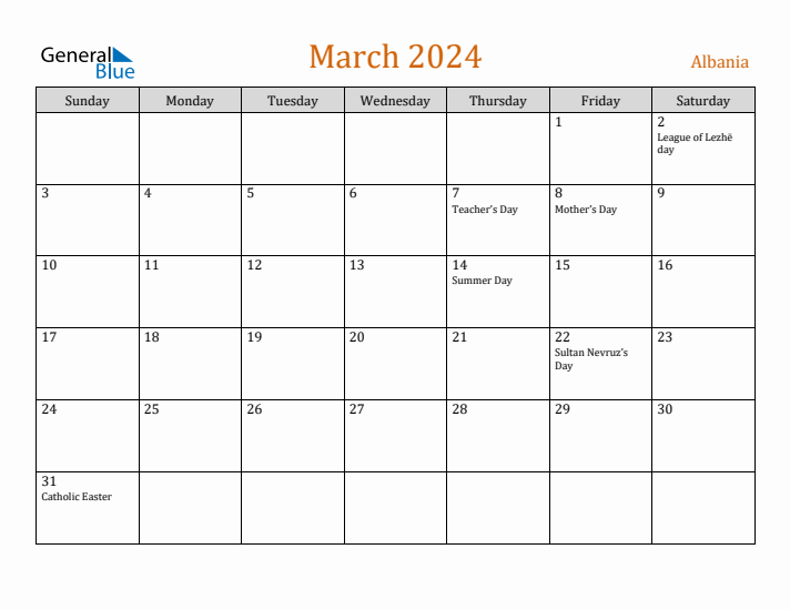 March 2024 Holiday Calendar with Sunday Start