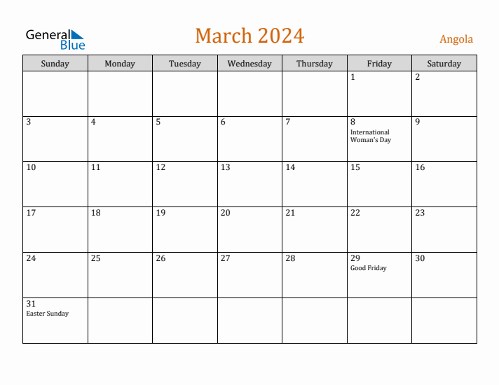 March 2024 Holiday Calendar with Sunday Start