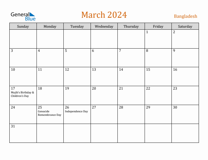 March 2024 Holiday Calendar with Sunday Start