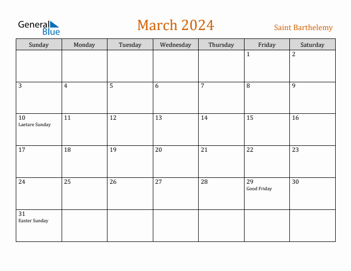 March 2024 Holiday Calendar with Sunday Start