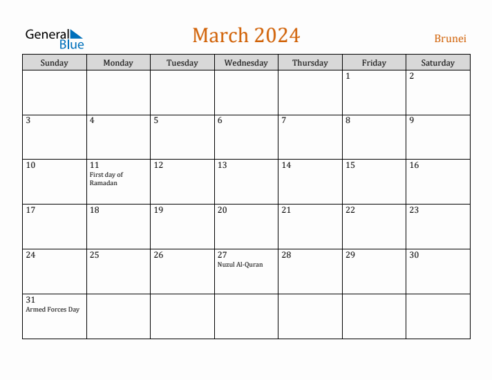 March 2024 Holiday Calendar with Sunday Start