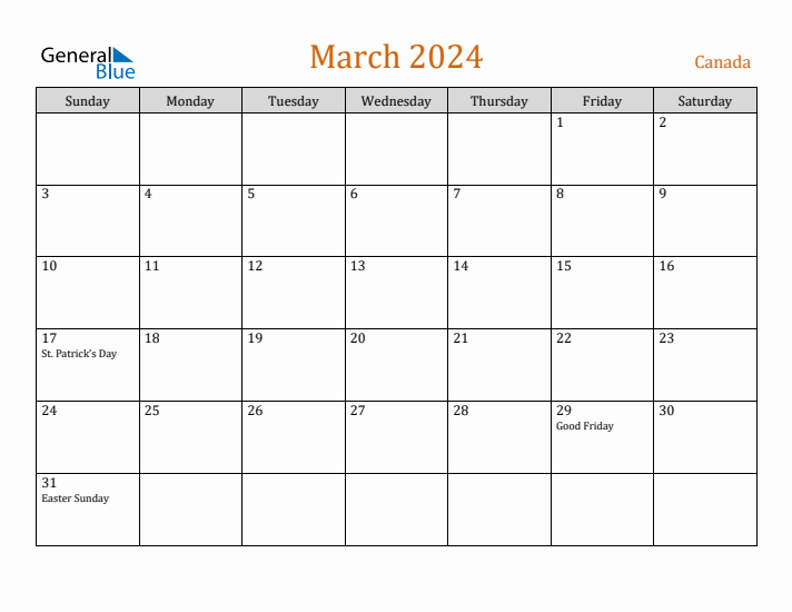 March 2024 Holiday Calendar with Sunday Start