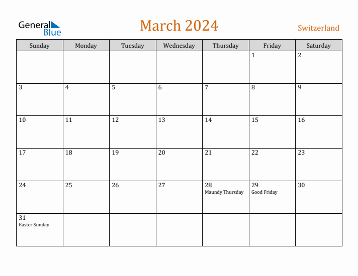 March 2024 Holiday Calendar with Sunday Start