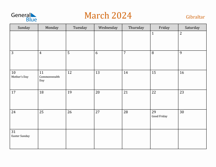 March 2024 Holiday Calendar with Sunday Start