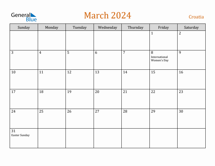 March 2024 Holiday Calendar with Sunday Start