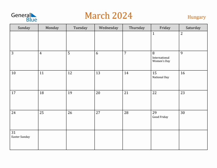 March 2024 Holiday Calendar with Sunday Start