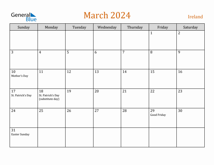 March 2024 Holiday Calendar with Sunday Start