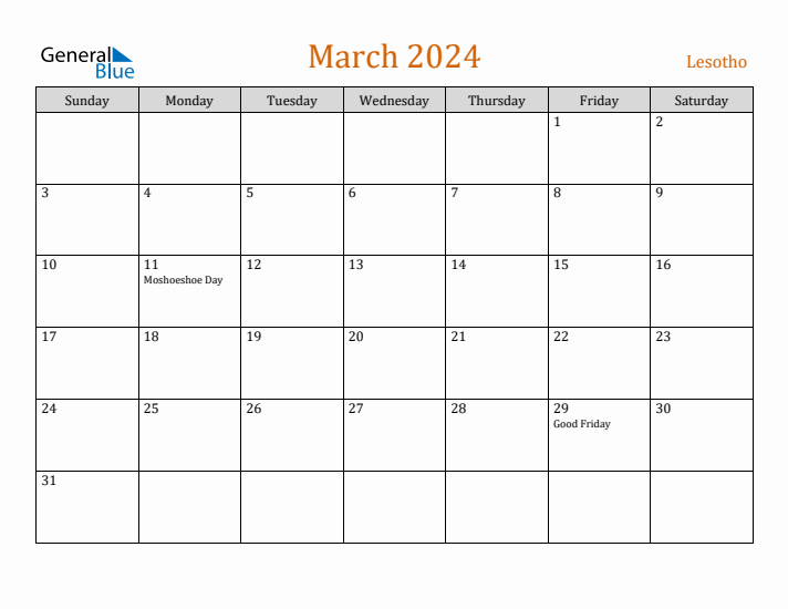 March 2024 Holiday Calendar with Sunday Start