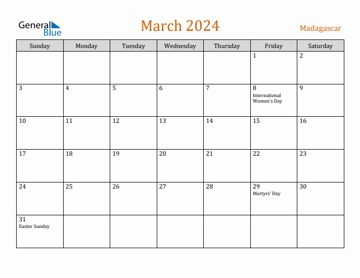 March 2024 Holiday Calendar with Sunday Start