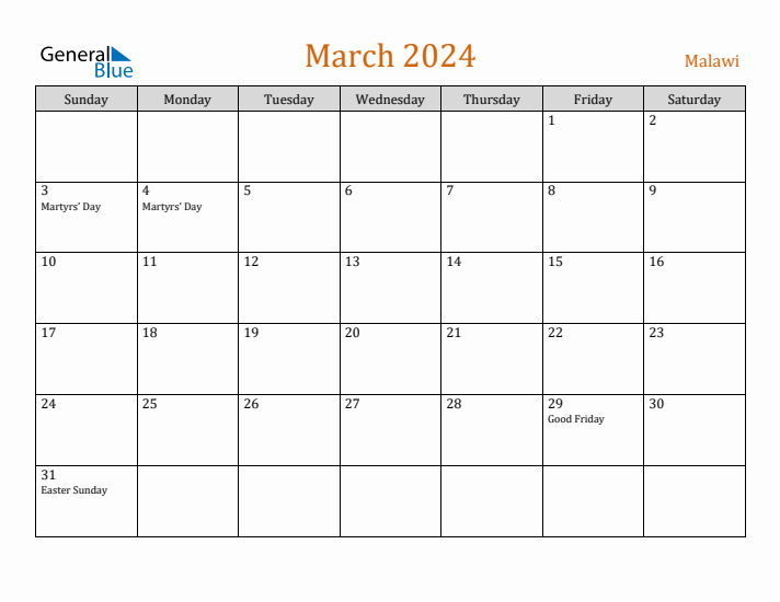 March 2024 Holiday Calendar with Sunday Start