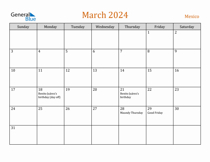 March 2024 Holiday Calendar with Sunday Start