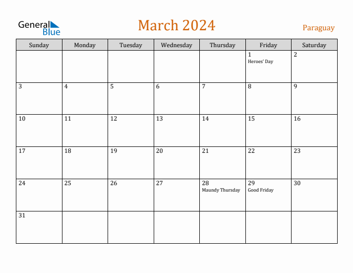 March 2024 Holiday Calendar with Sunday Start