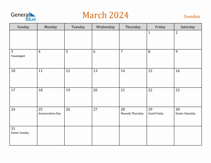 March 2024 Holiday Calendar with Sunday Start