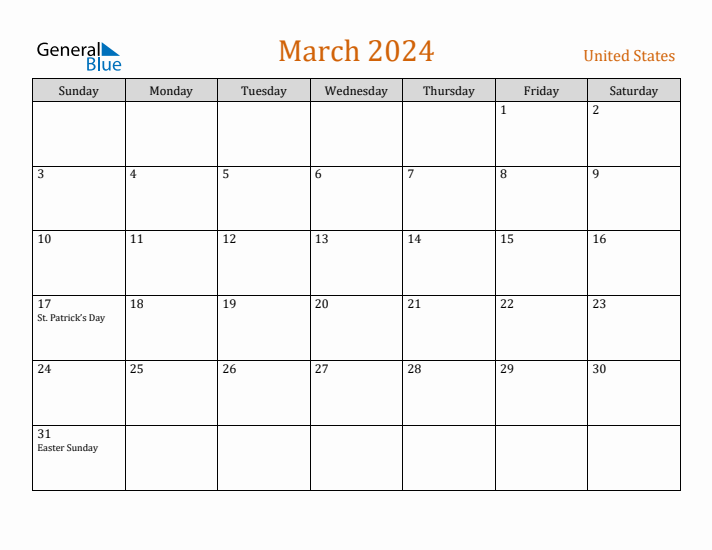 March 2024 Holiday Calendar with Sunday Start