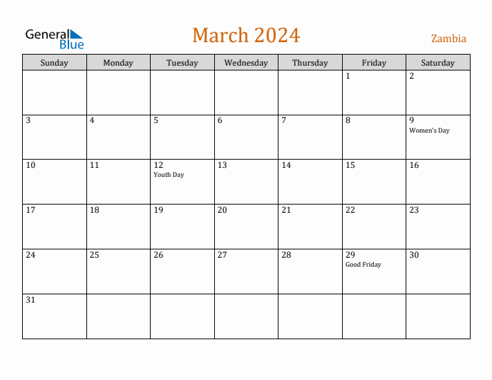 March 2024 Holiday Calendar with Sunday Start