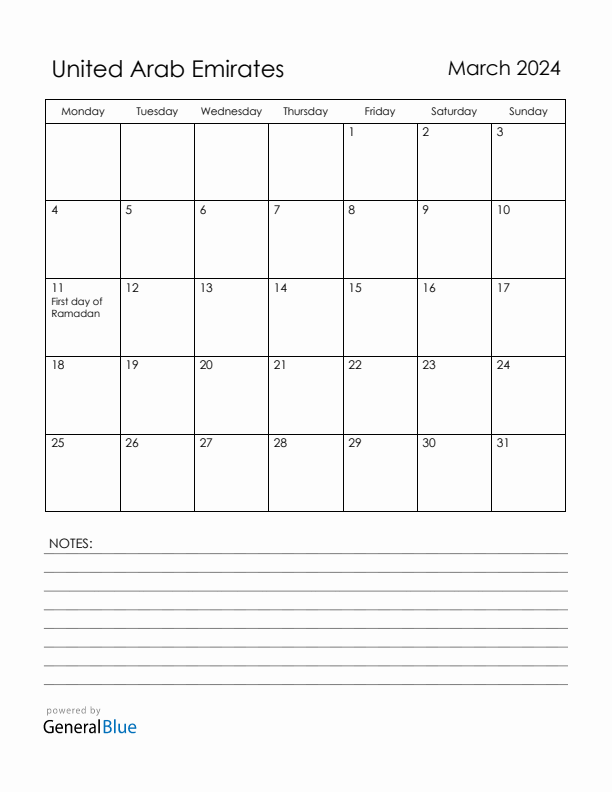 March 2024 United Arab Emirates Calendar with Holidays (Monday Start)