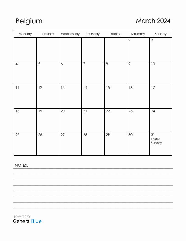 March 2024 Belgium Calendar with Holidays (Monday Start)