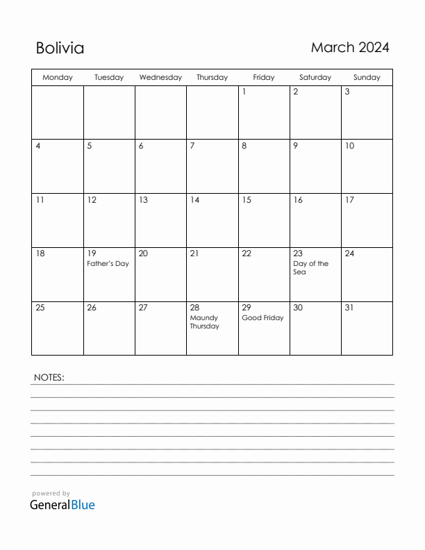 March 2024 Bolivia Calendar with Holidays (Monday Start)