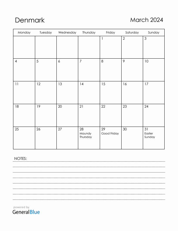 March 2024 Denmark Calendar with Holidays (Monday Start)